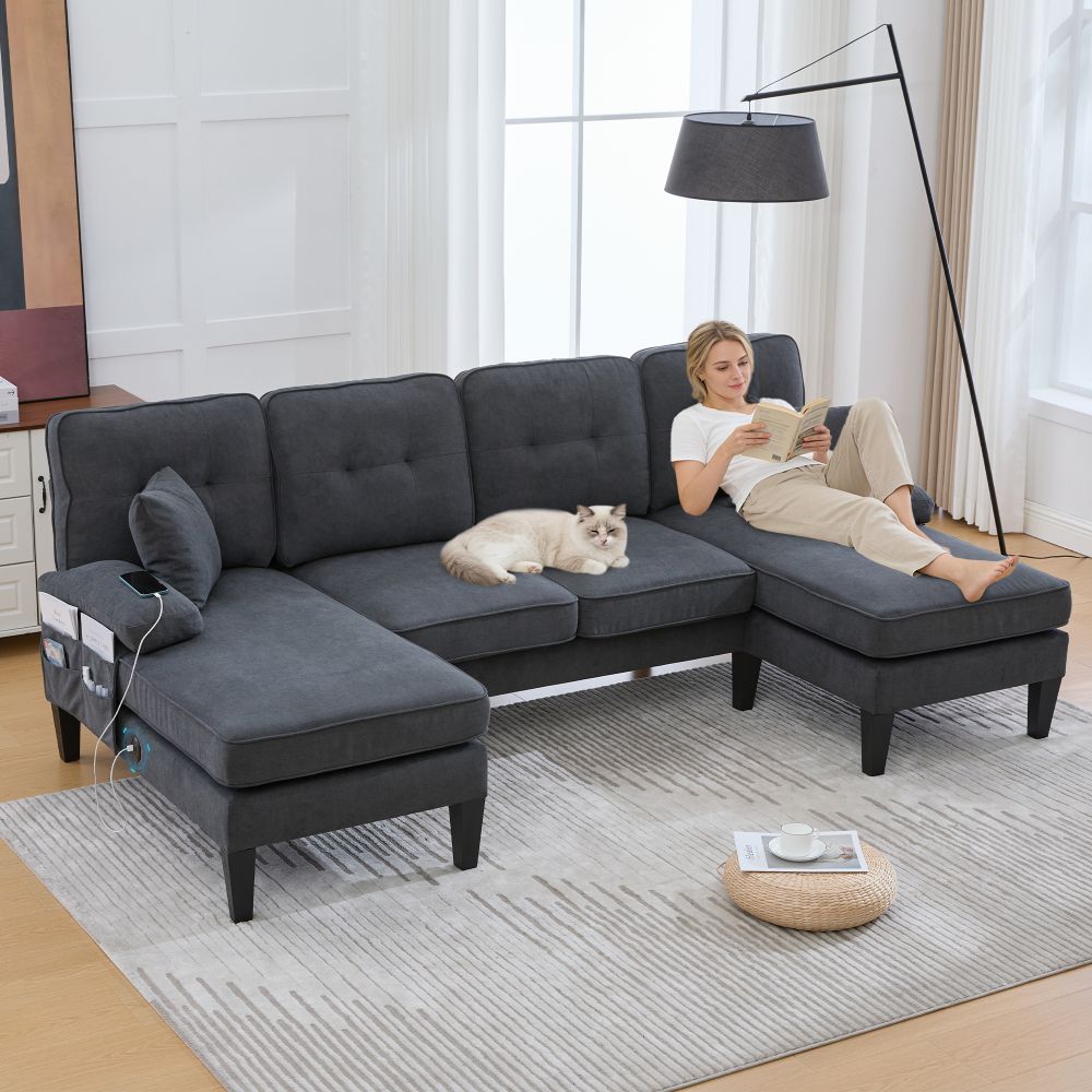 Sofá en u lino gris oscuro 4 plazas con 2 chaise longue y puertos usb