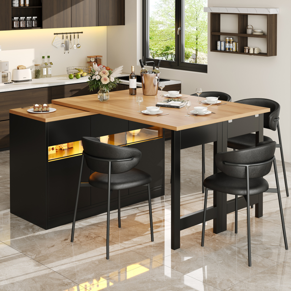 Isla de cocina extensible giratoria LED mdf negro natural 71,5x120-180x40cm