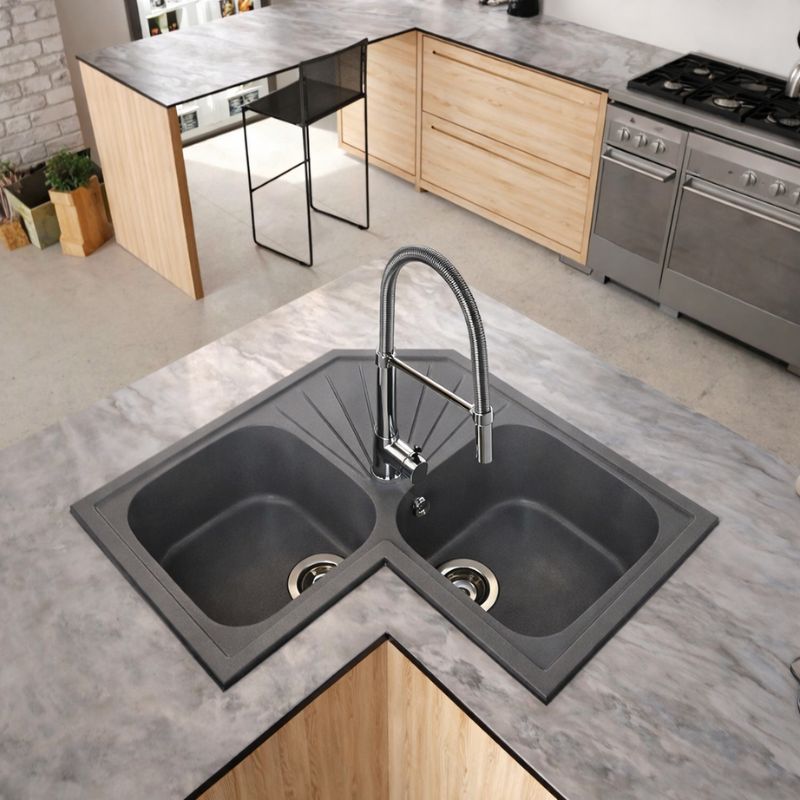Fregadero angular ícaro 2 senos 76,5x76,5 resina gris hierro mueble 80 cm