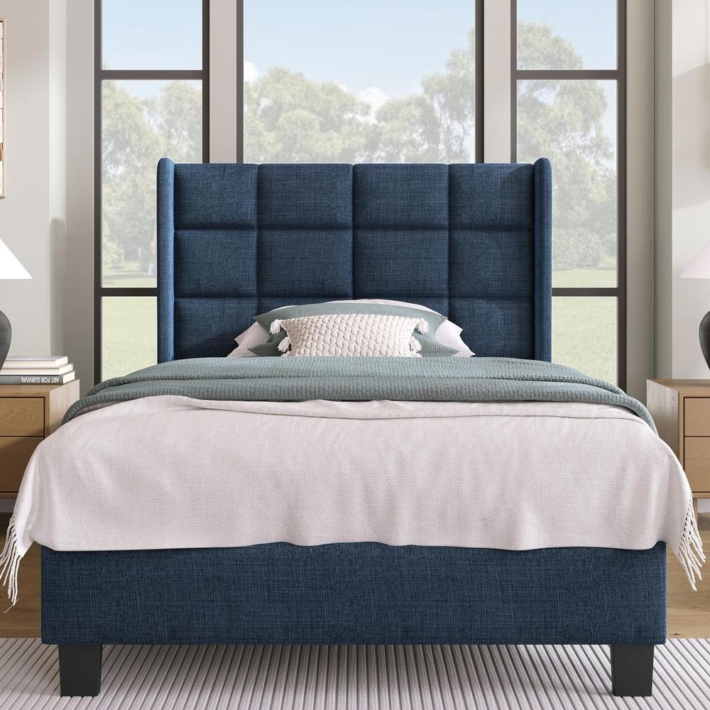 Cama individual 90x200 cm, azul lino, cabecero alto, estructura acero