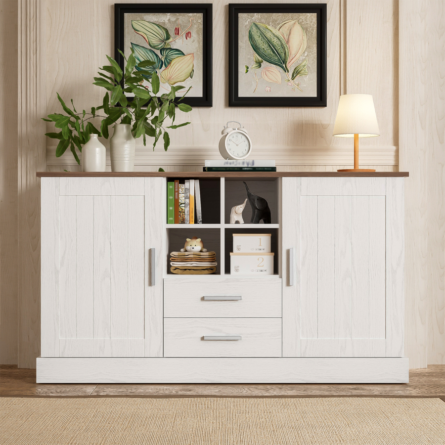 Aparador salón/comedor 2 puertas 2 cajones blanco+marrón 79,5x140x40cm