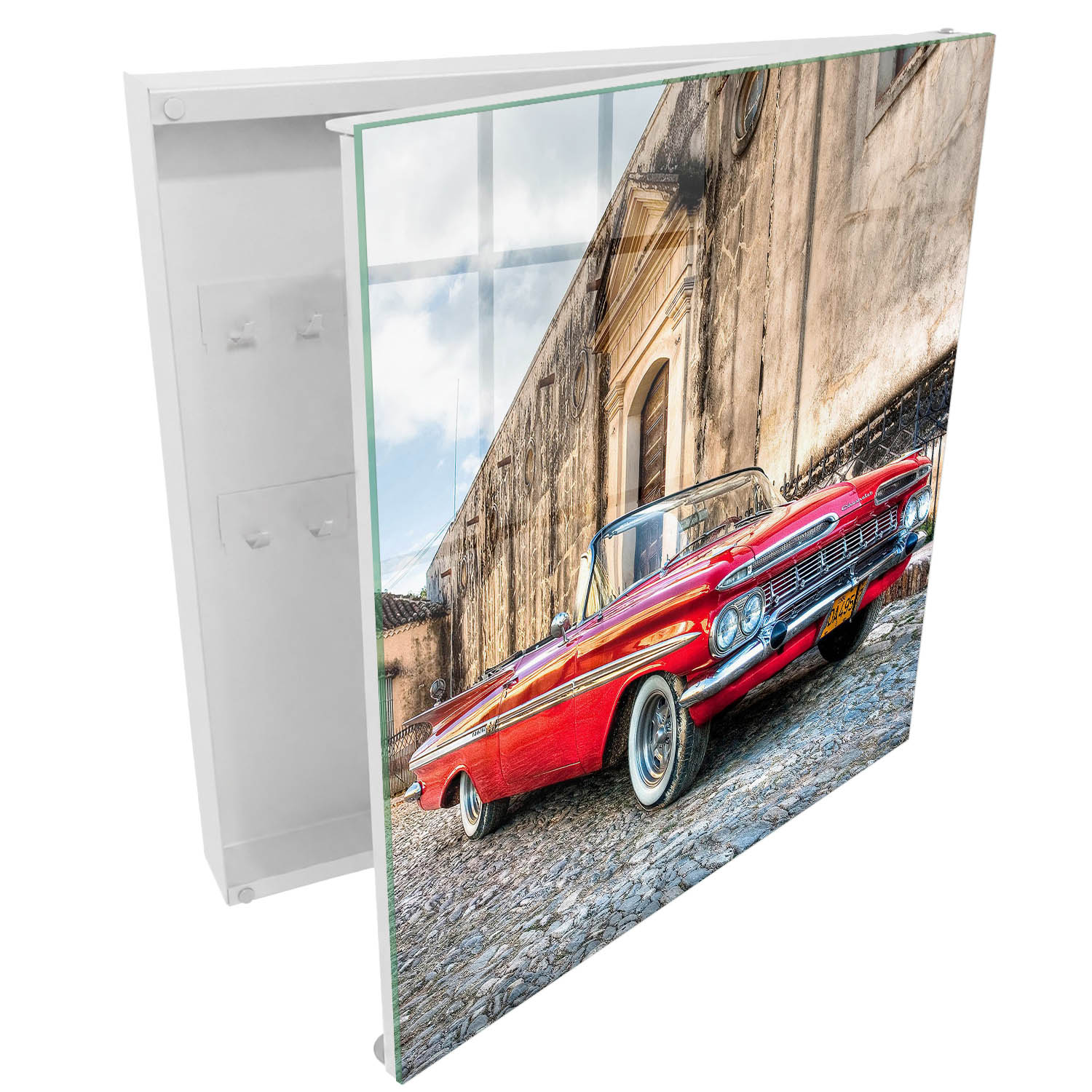 Armario de llaves 30x30x5 coche retro, apertura derecha blanca