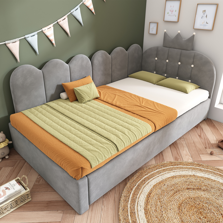 Cama 90x200 cm con cama nido tapizada terciopelo – gris