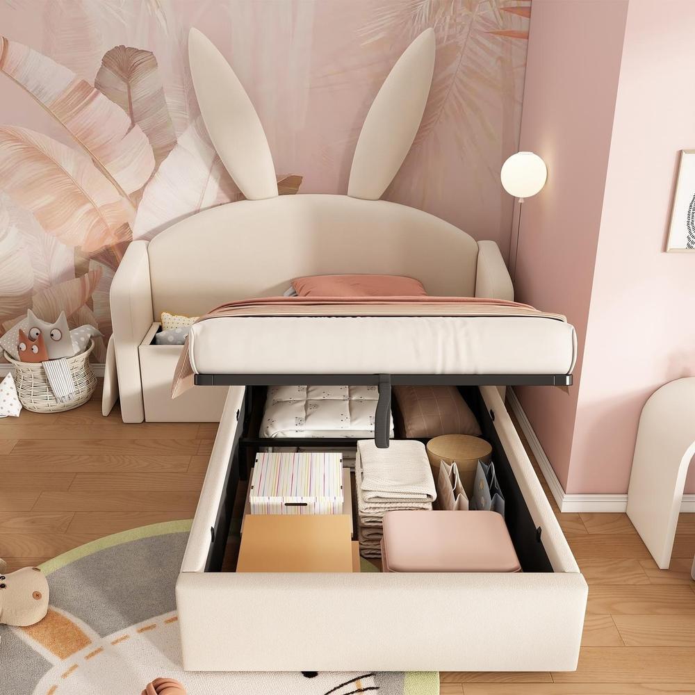 Cama infantil 90x200cm con arcón hidráulico y mesita, beige