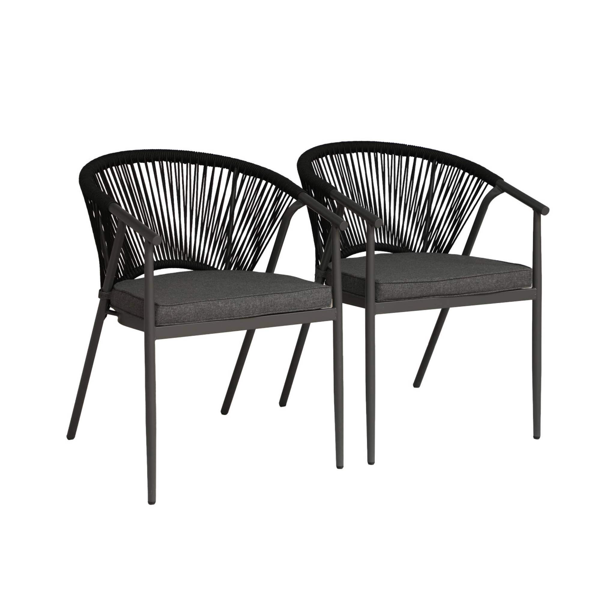 Silla de jardín apilable de acero y cuerdas, set de 2 negro 56.5x58x77 cm