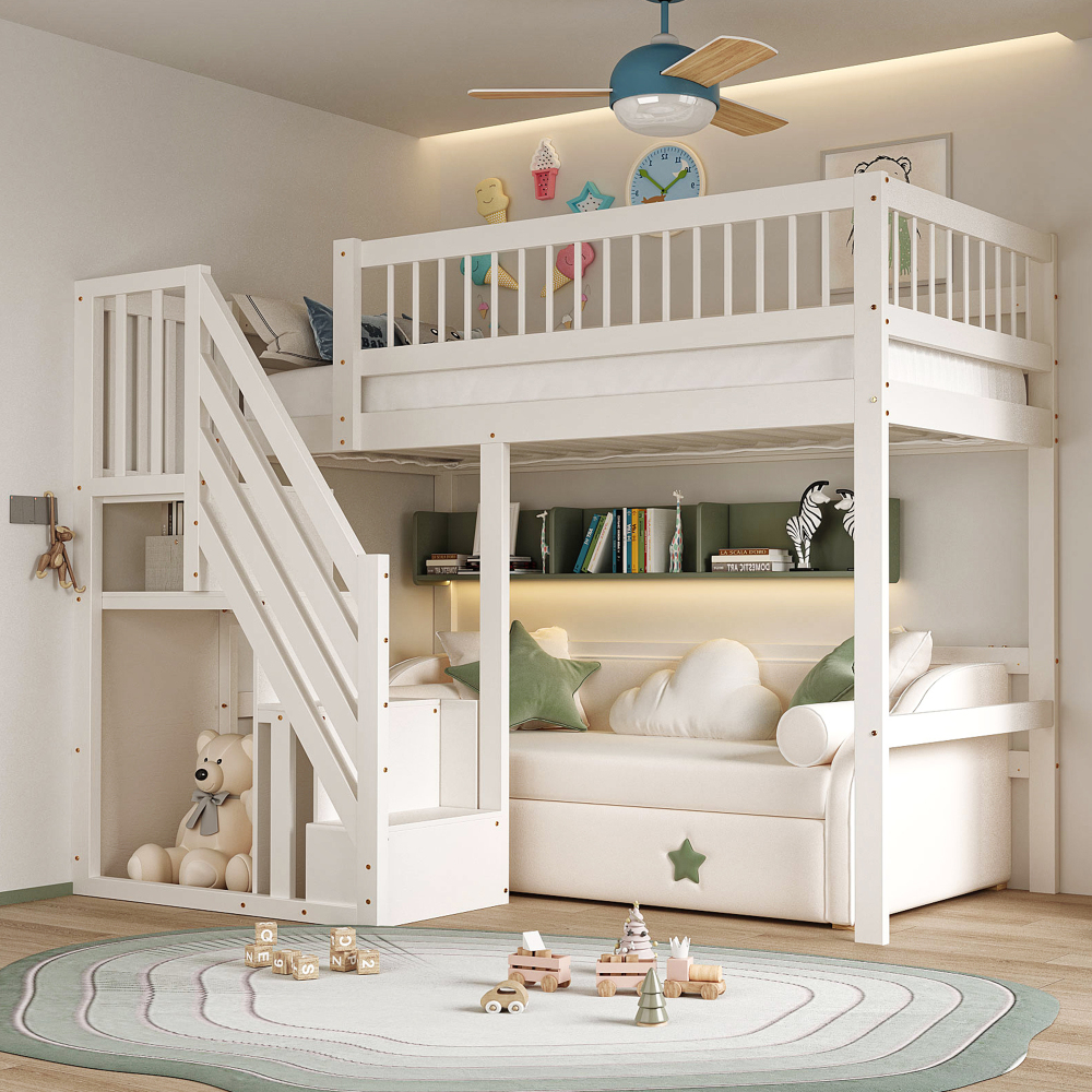 Cama multifuncional 90x200cm con escalera y almacenaje madera – blanco