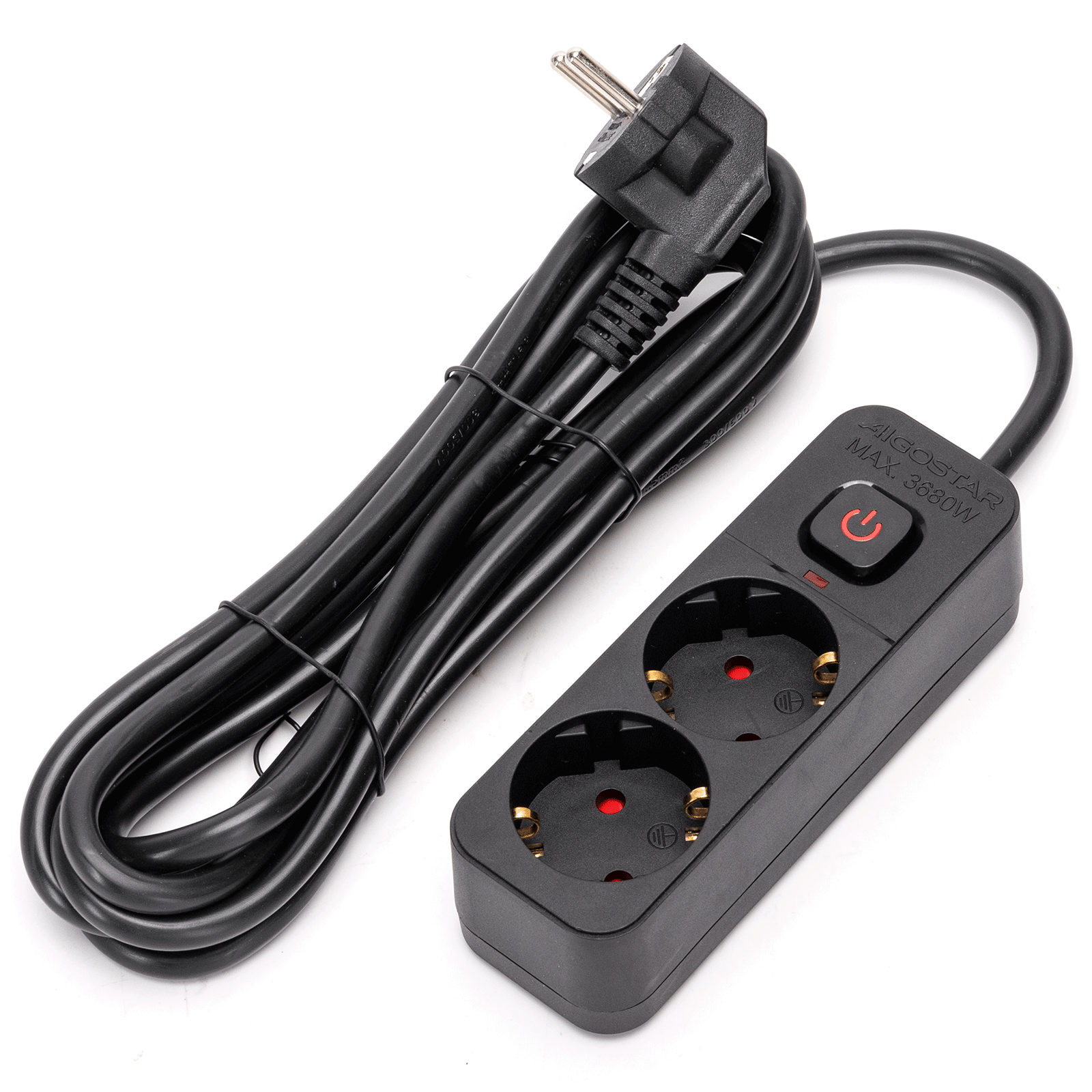 Aigostar regleta 2 enchufes, alargador 3m con interruptor, negro