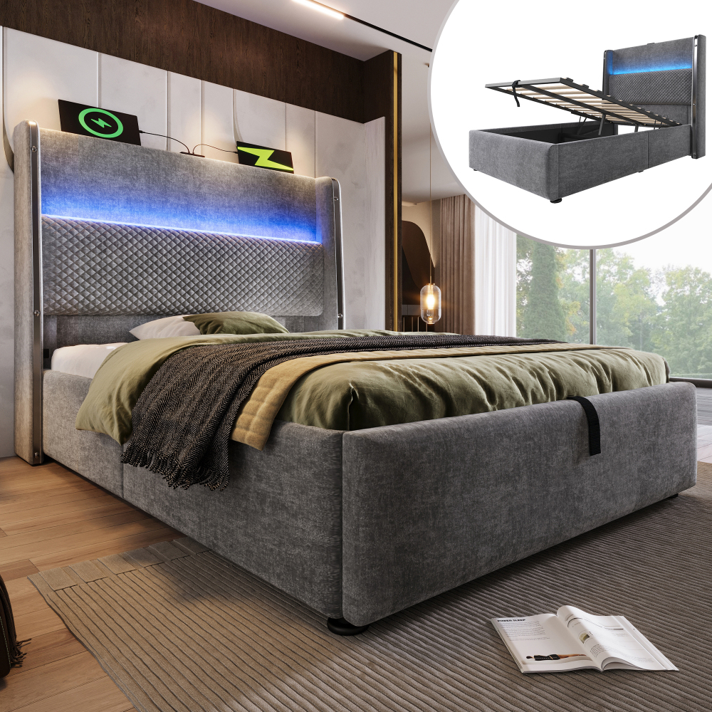 Cama tapizada 90x200cm con canapé LED y usb tipo c lino – color gris
