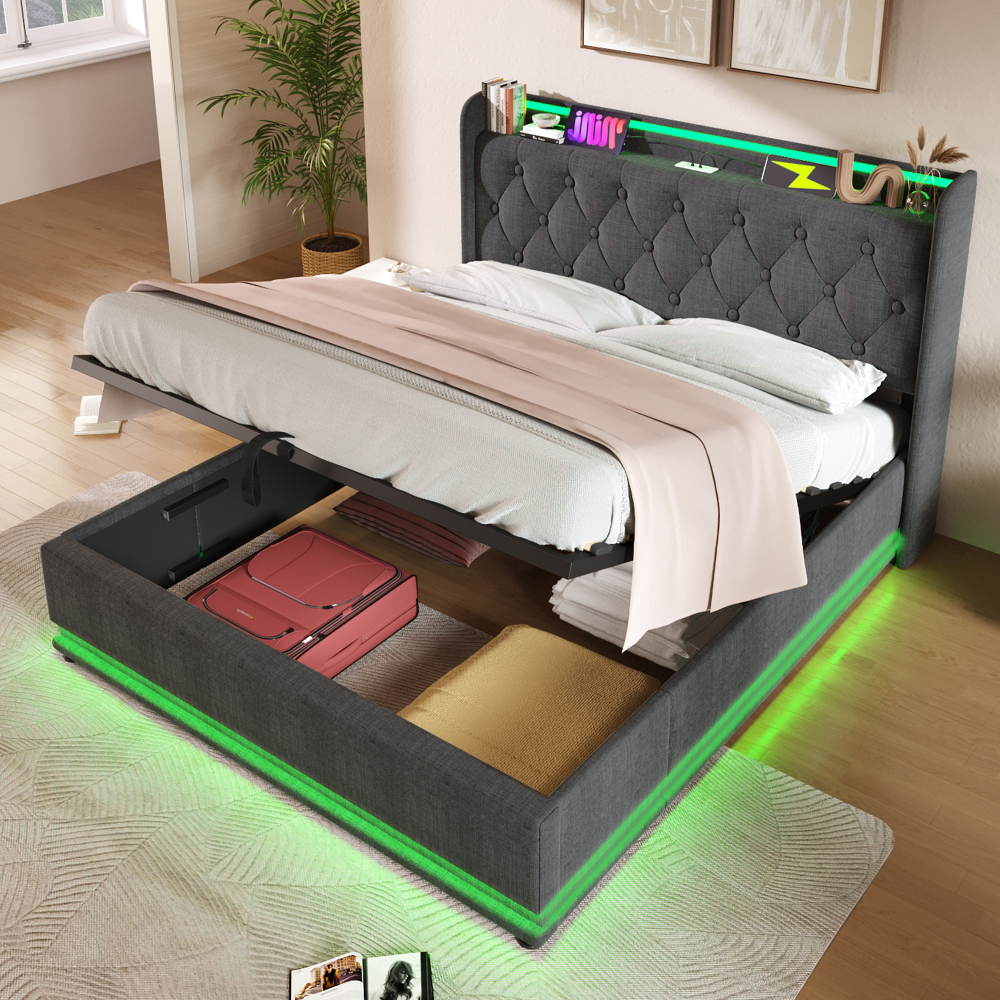 Cama tapizada 140x190cm con LED 360, usb-c y canapé de lino – color gris