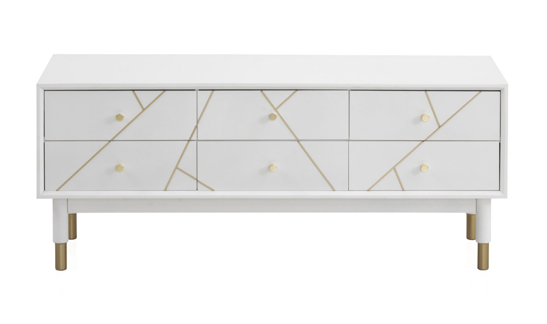 Mueble tv 6 cajones lacado blanco con frente decorado dorado, 120x40x50cm