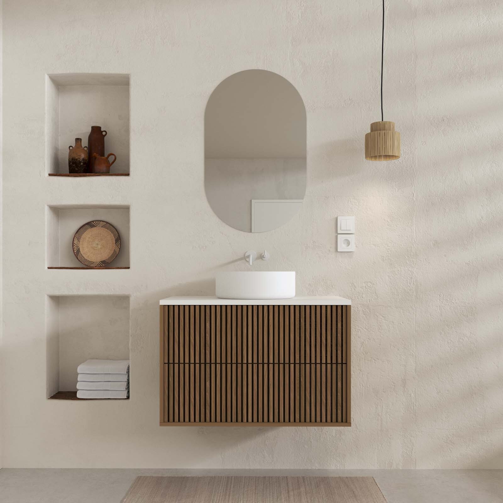Mueble de baño 60 - 2 cajones roble y negro - lavabo ø36 - espejo oval