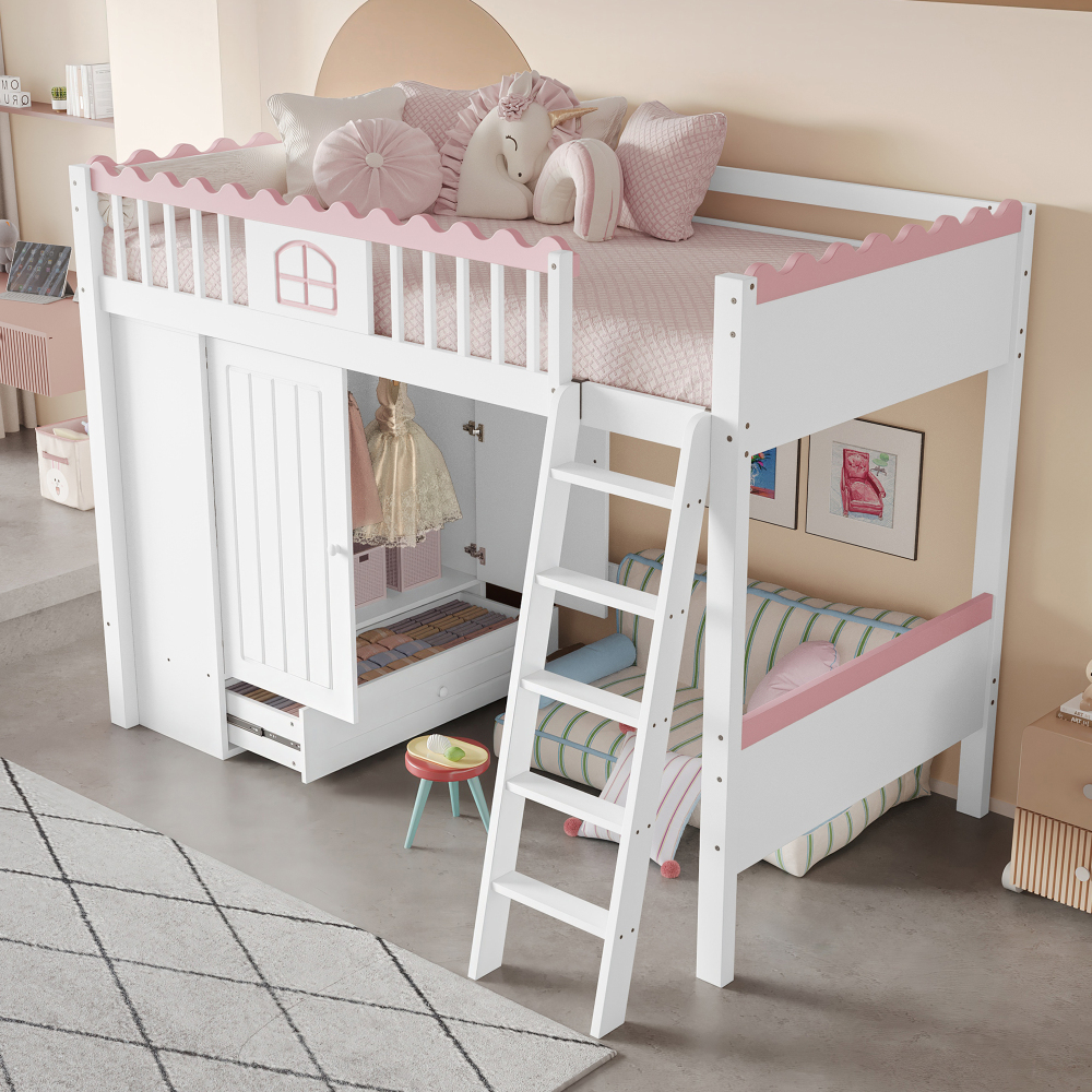 Cama alta infantil 90x200cm con armario, cajón y LED pino y mdf – blanco