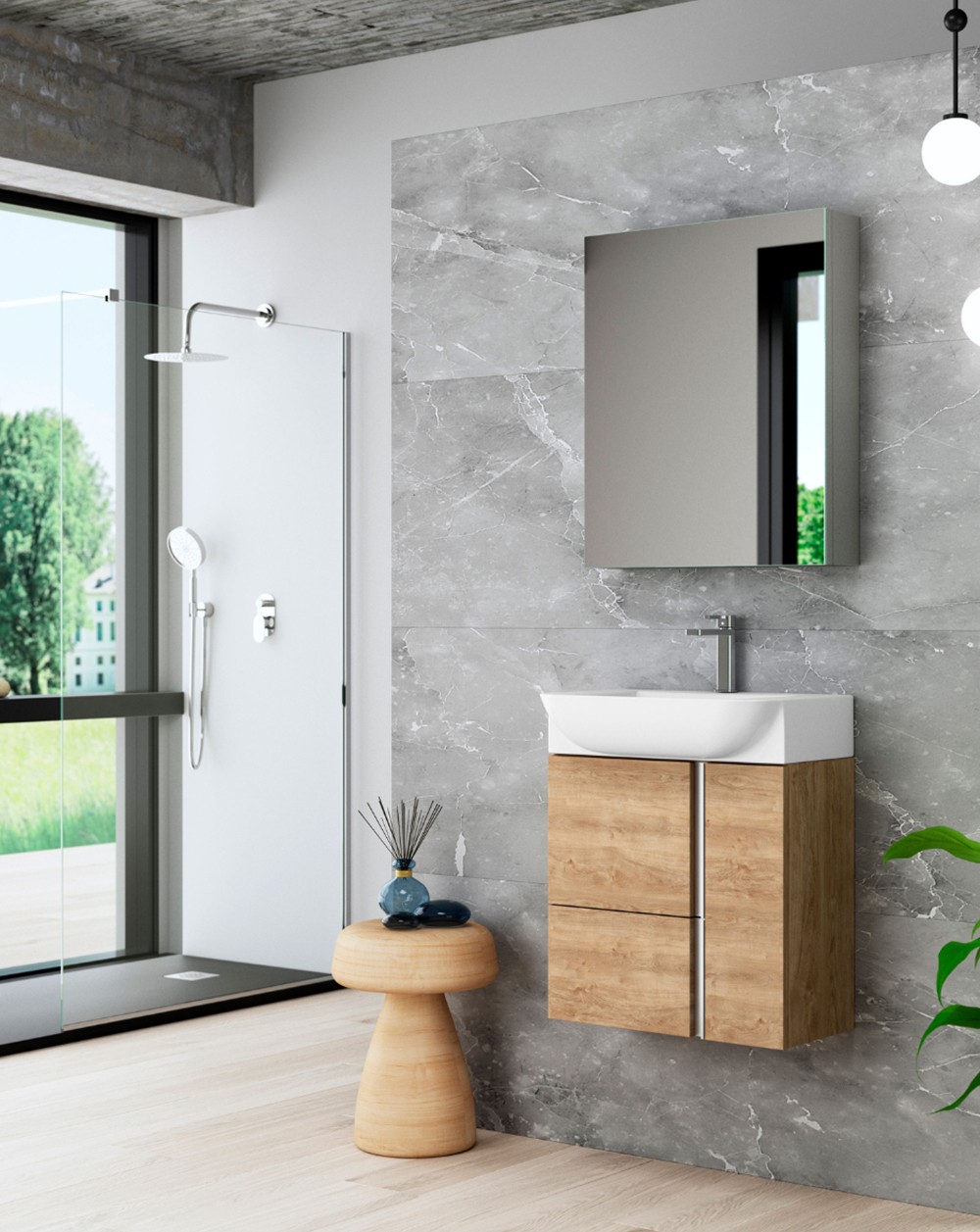 Mueble de baño suspendido a pared fondo reducido con lavabo cerámico | 55cm