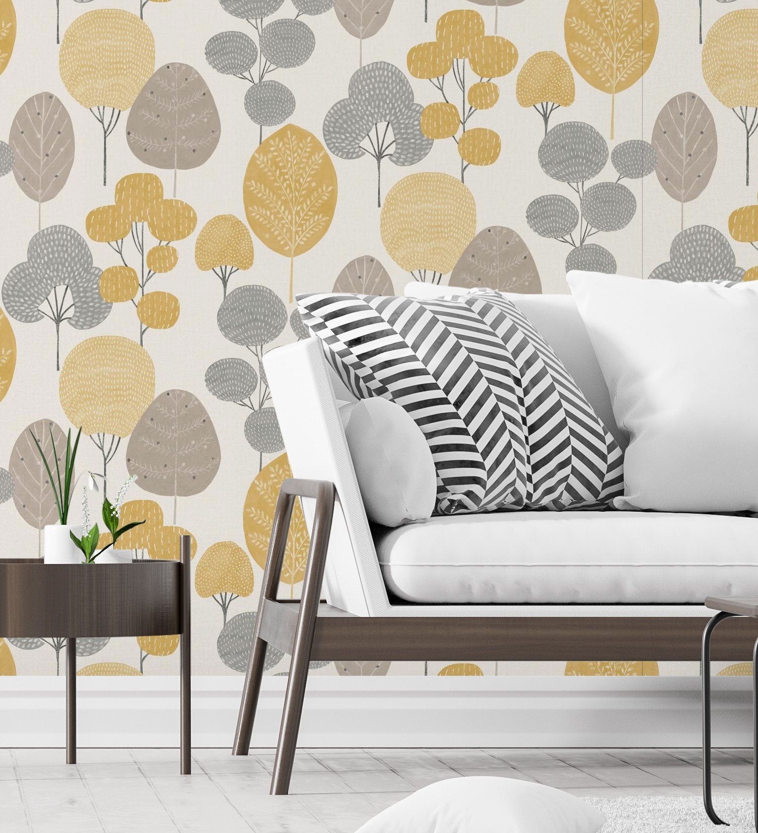 Papel pintado gaulan lavable de árboles gris y mostaza en bosque 5.23m²