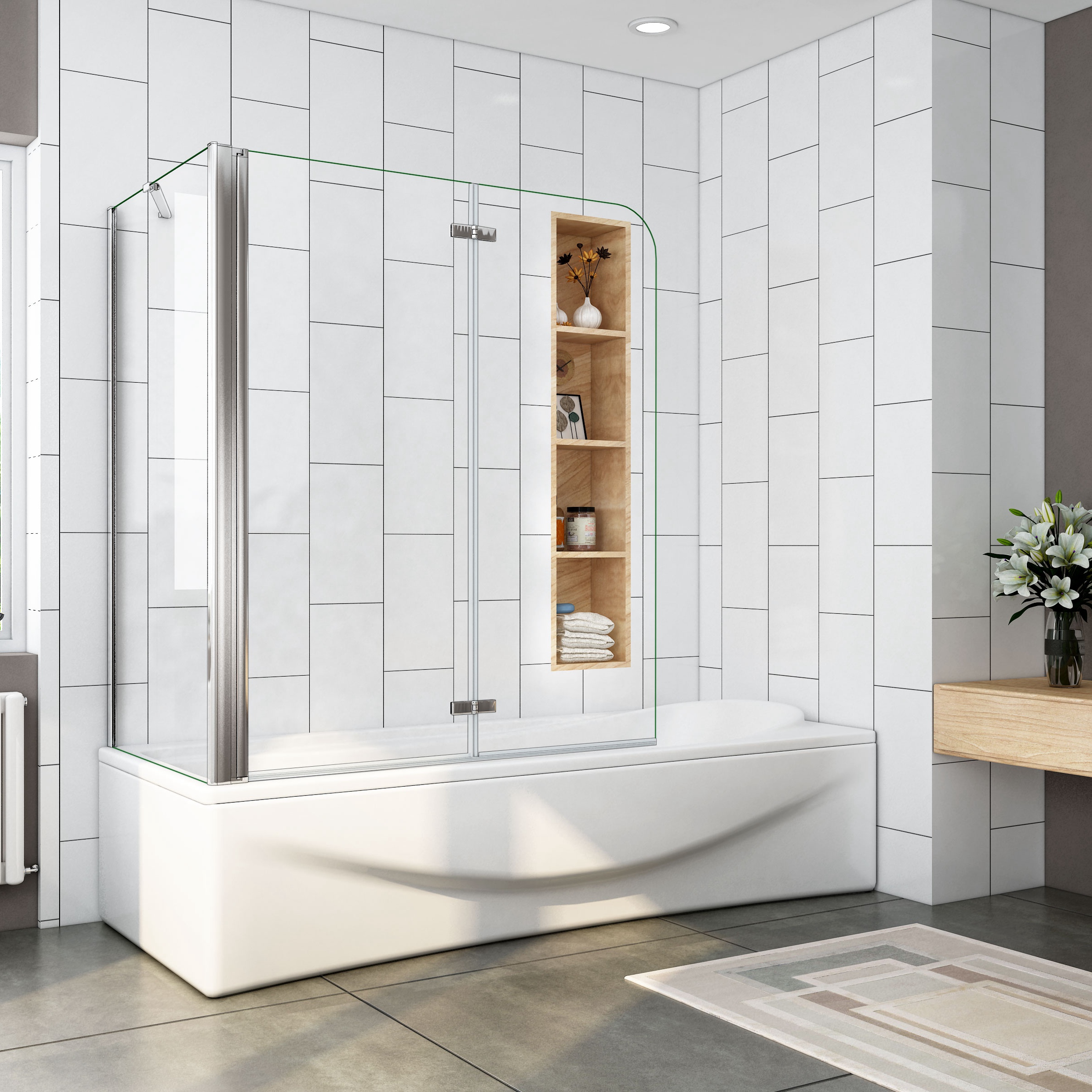 Aica mampara de bañera plegable+panel fijo,100x70x140cm,2cm ajustable