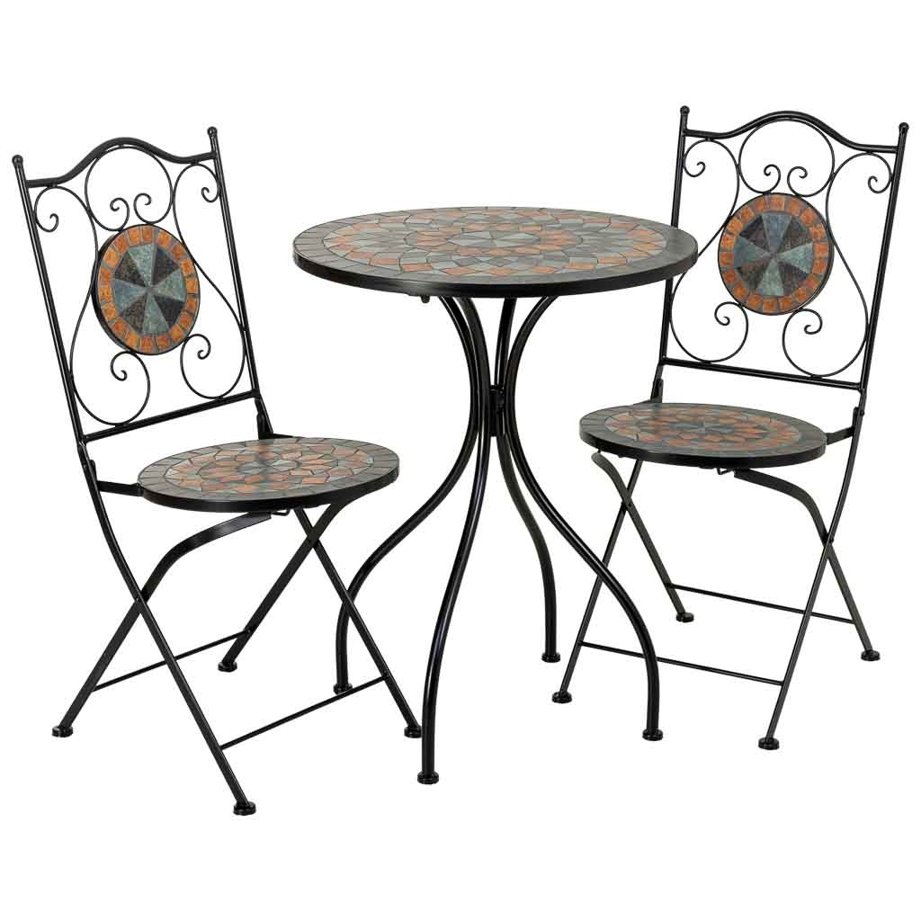 Conjunto mesa y 2 sillas de mosaico y forja marrón, mesa:d60x75h-silla