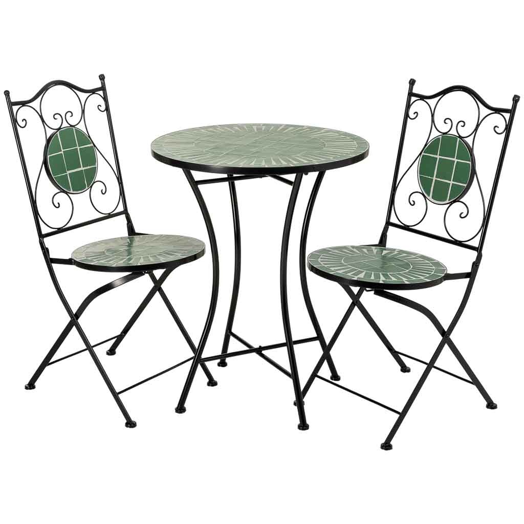 Conjunto mesa y 2 sillas de mosaico y forja verde, mesa:d60x75h-silla(