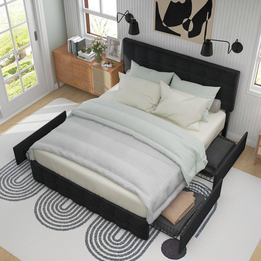 Cama tapizada 140x200cm con 4 cajones y cabecero ajustable lino – negro