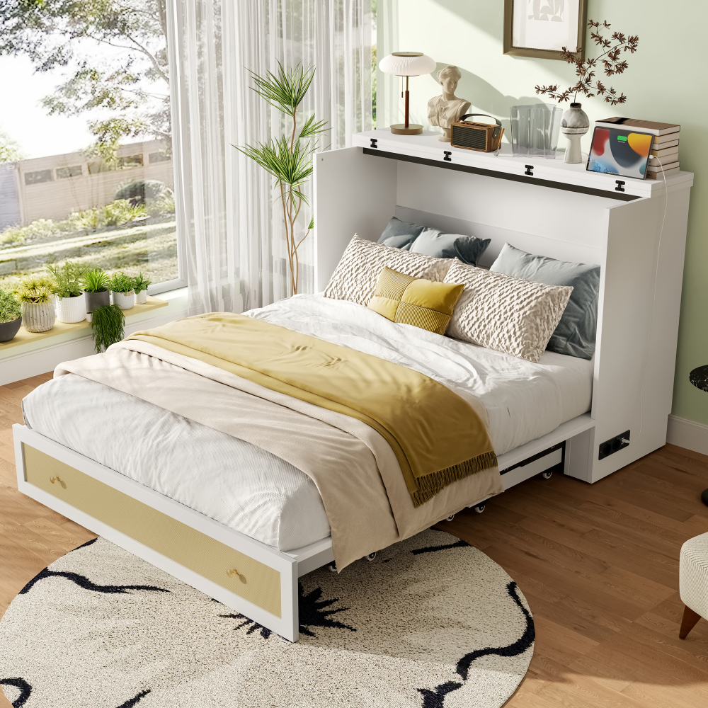 Cama abatible 140x200cm con cajones, estante y usb mdf – blanco