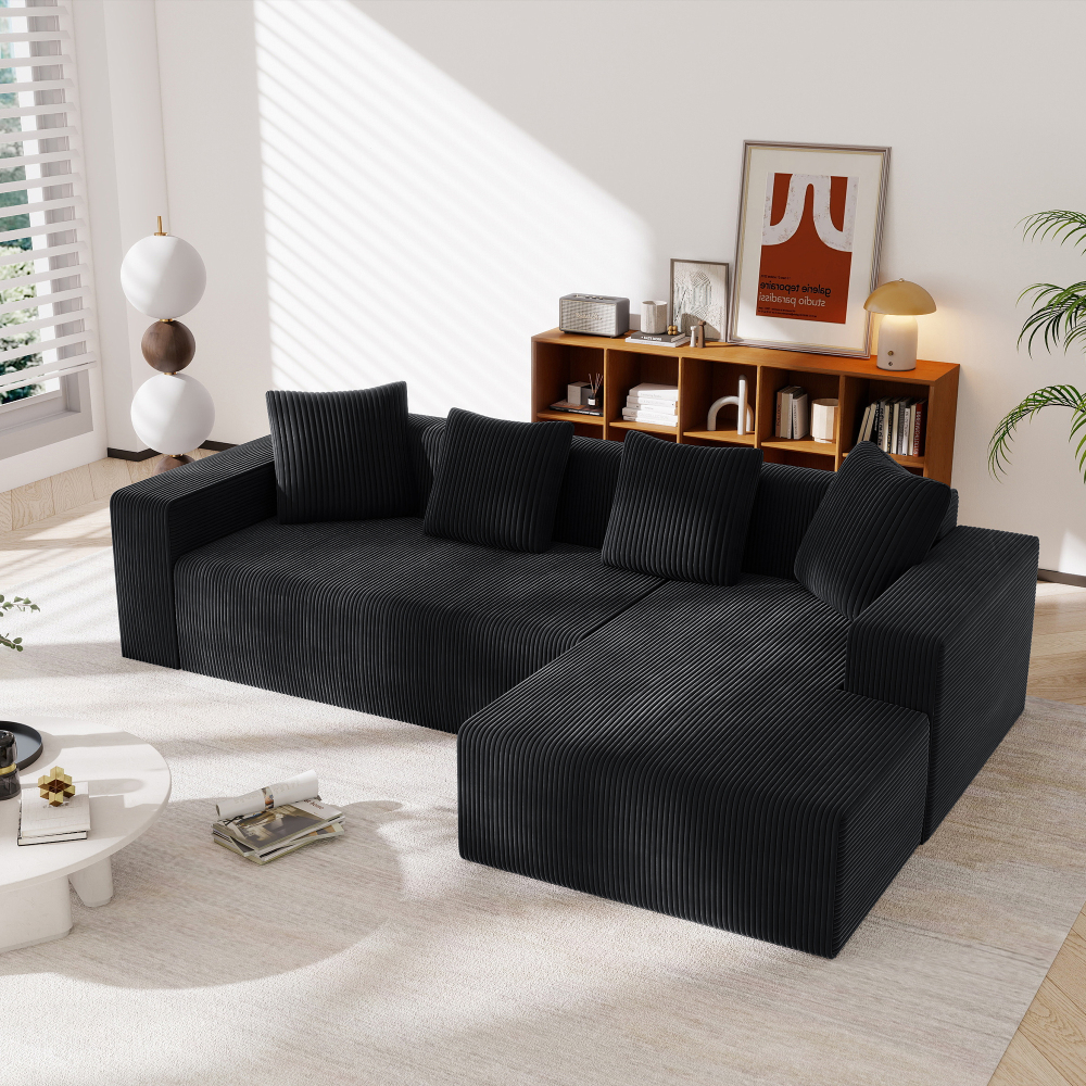 Sofá en l modular de pana negro 3 plazas con chaise longue y cojines