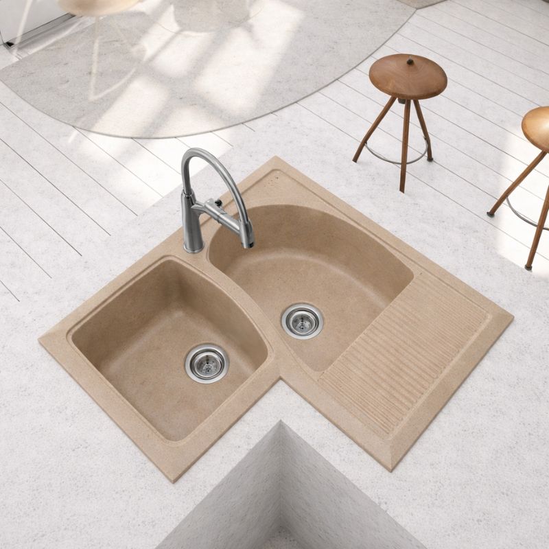 Fregadero angular dédalo 2 senos 82,6x82,6 resina arena mueble 90 cm