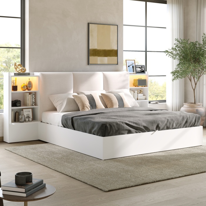 Cama tapizada 180x200cm con almacenaje, LED y cabecero acolchado – blanco