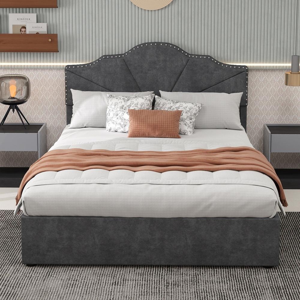 Cama 160x200cm gris con cabecero y arcón elevable, sin colchón