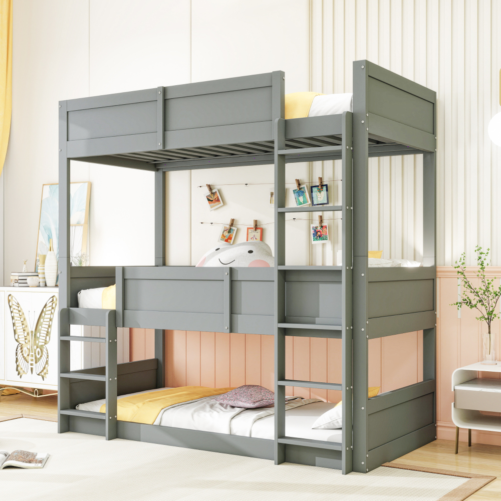 Litera triple convertible 90x200cm con barandilla alta madera maciza – gris