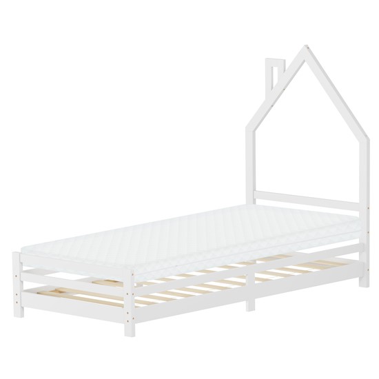 Cama infantil 90x200cm + colchón 10cm madera blanca en forma de casa