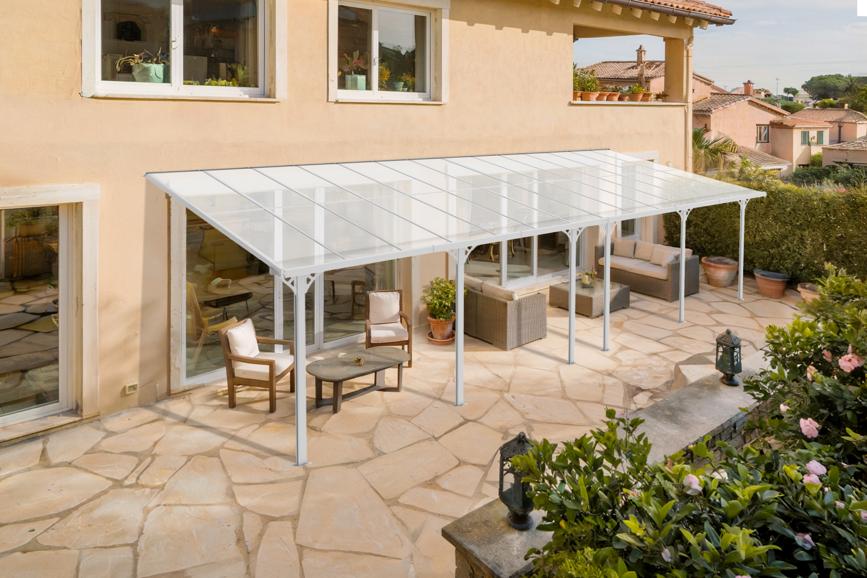 Pérgola de pared aluminio kleo blanco 900 x 300cm-de techo policarbonato