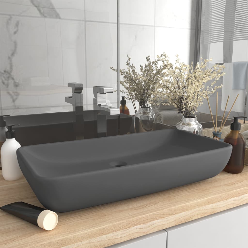 Lavabo de lujo de cerámica rectangular gris oscuro mate 71x38cm es9402