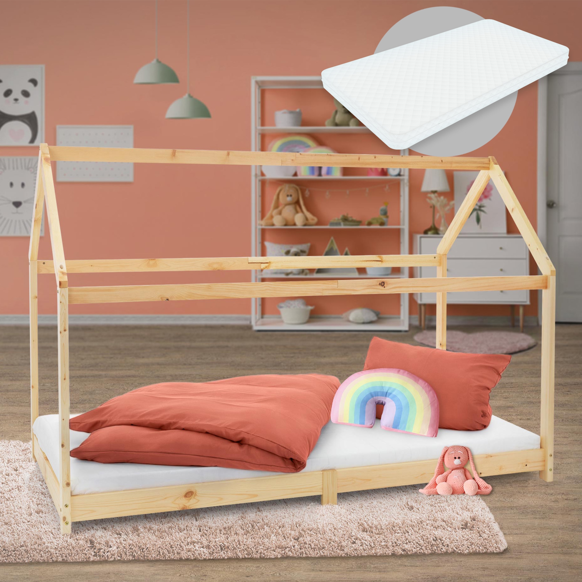 Cama infantil 90x200 cm natural con colchón h:16 cm ml-design
