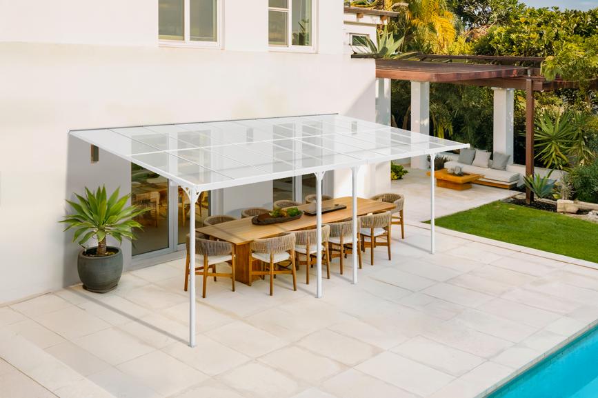 Pérgola de pared aluminio kleo blanco 600 x 300cm-de techo policarbonato