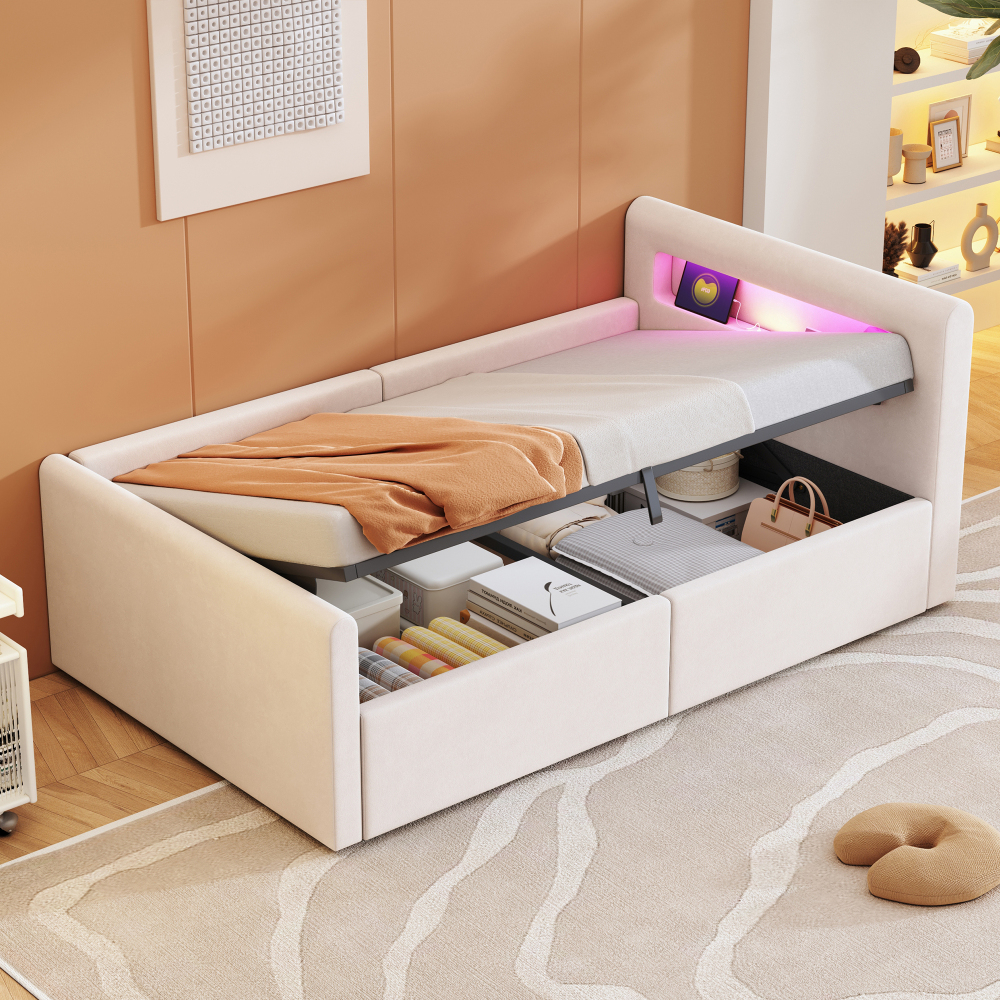 Cama tapizada 90x200cm con canapé hidráulico, LED y usb terciopelo beige