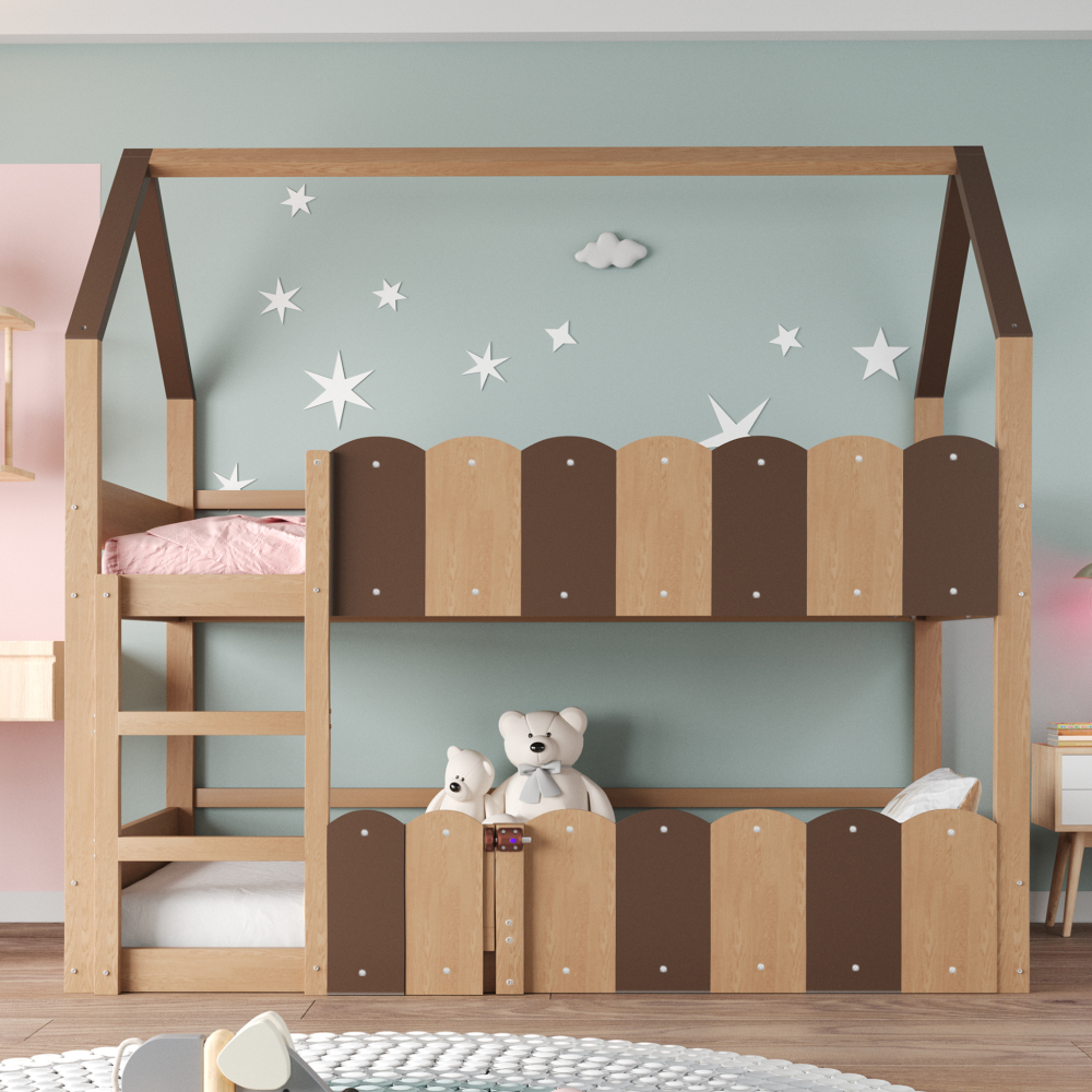 Cama alta 90x200cm barandilla y somier de láminas superior, madera natural