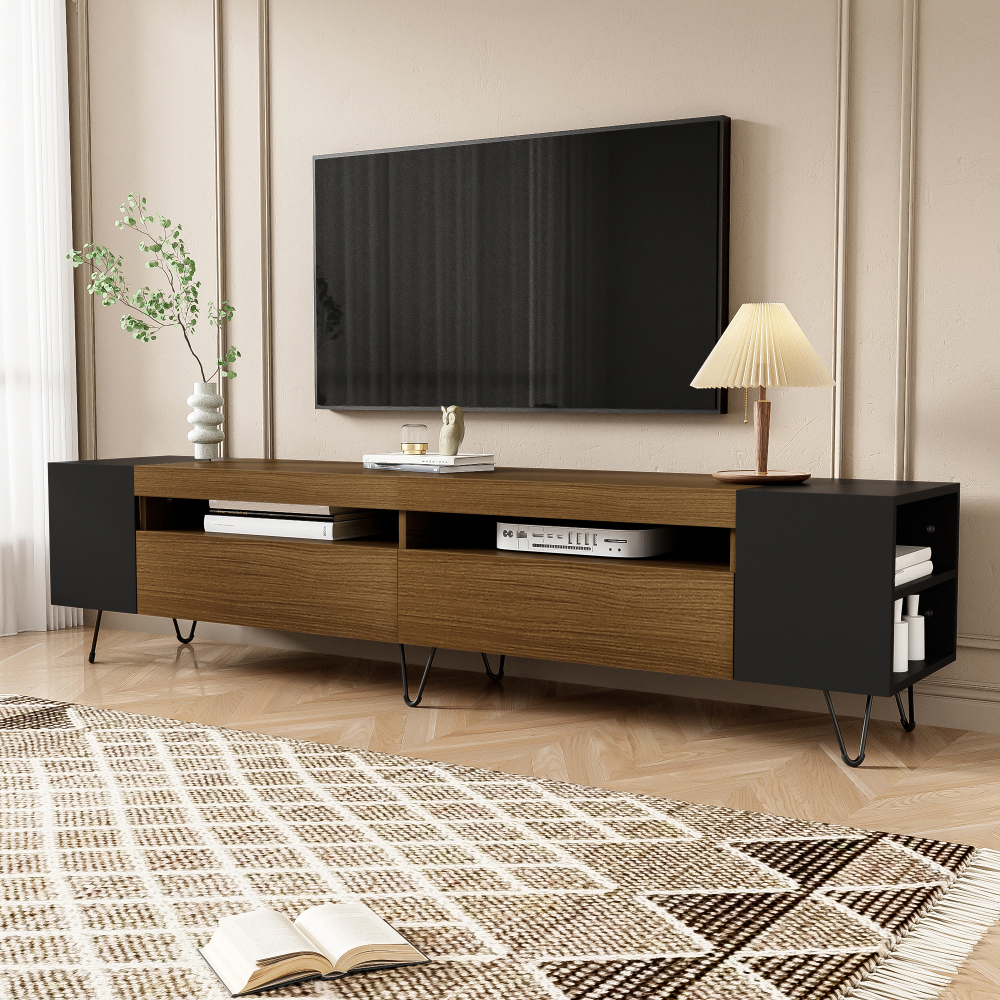 Mueble de tv con 2 puertas y estantes abiertos negro y madera 43x180x36cm