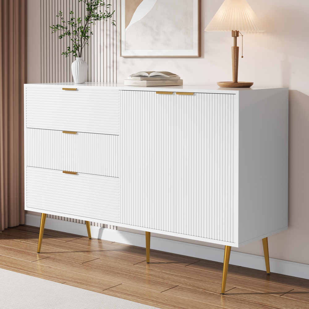 Aparador para salón con 2 puertas y 3 cajones blanco dorado 80,5x120x38cm
