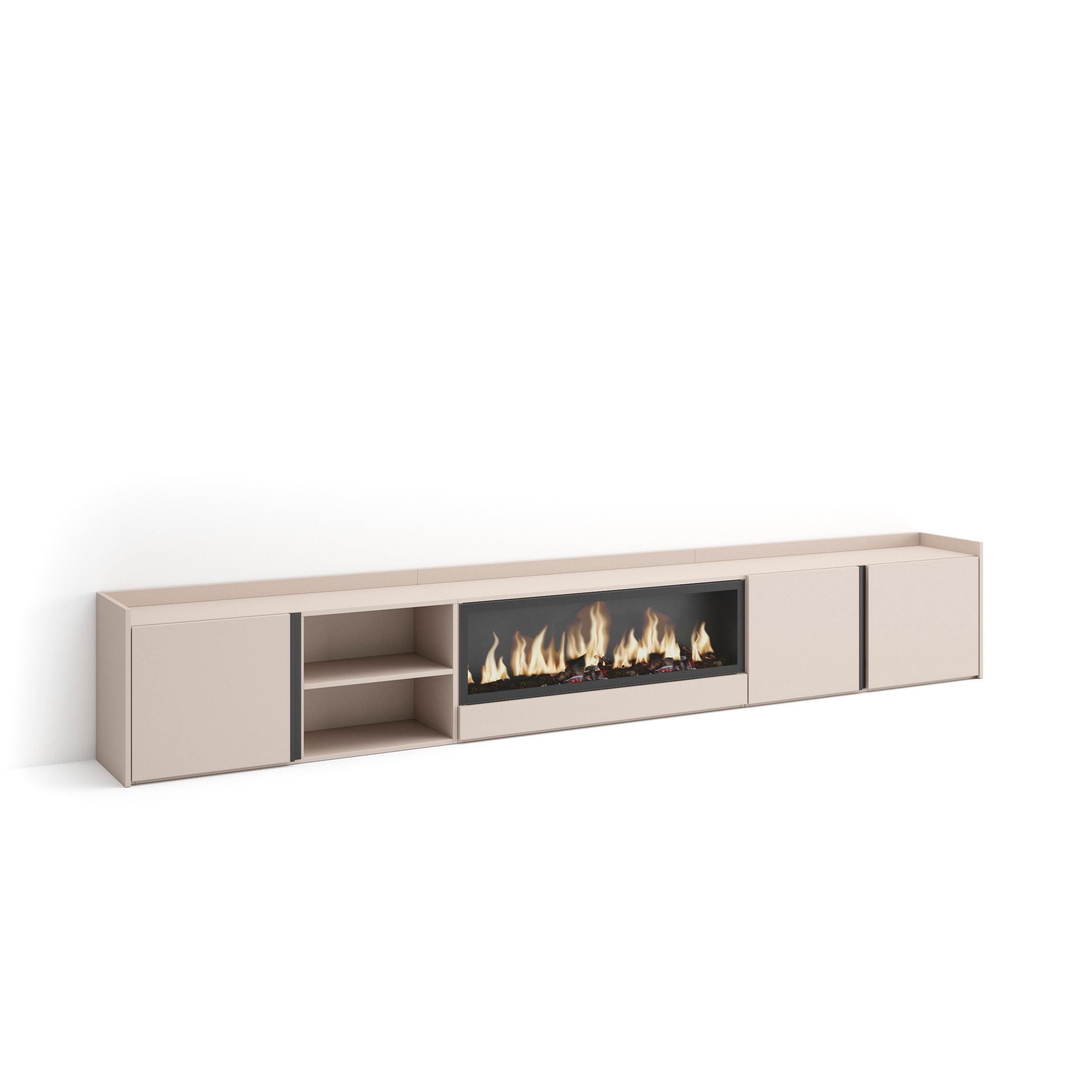 Mueble tv, 315x35x50cm, beige, chimenea eléctrica xxl rf4623