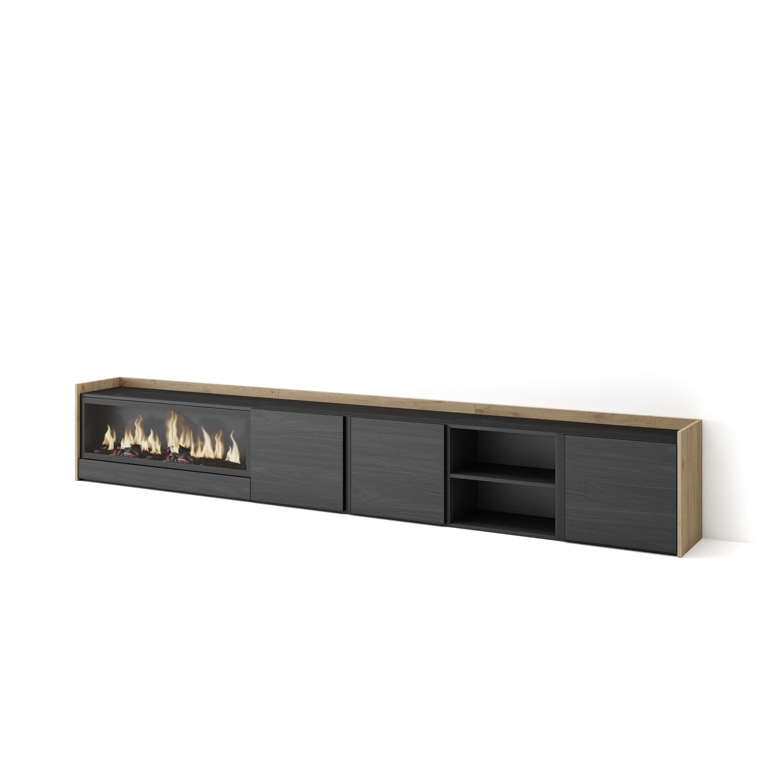 Mueble tv, 315x35x50cm, negro y roble, chimenea eléctrica xxl rf4746