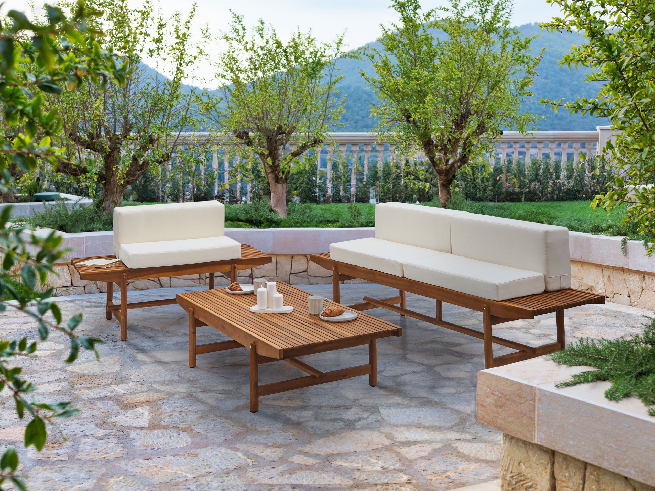 Conjunto de jardín con mesa 3 plazas giaveno madera de acacia blanco crema