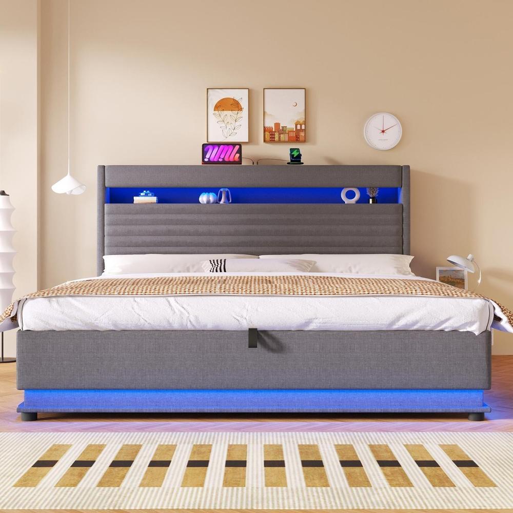 Cama con canapé hidráulico LED usb-c 180x200cm gris, sin colchón
