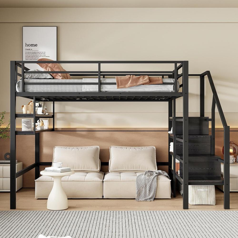 Cama alta 140x200 cm con estantes, escalera con almacenaje, negra