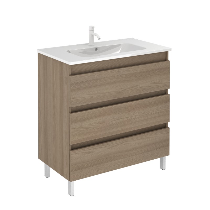 Conjunto mueble baño suspendido con 3 cajones + lavabo 【ancho 80】【nogal】