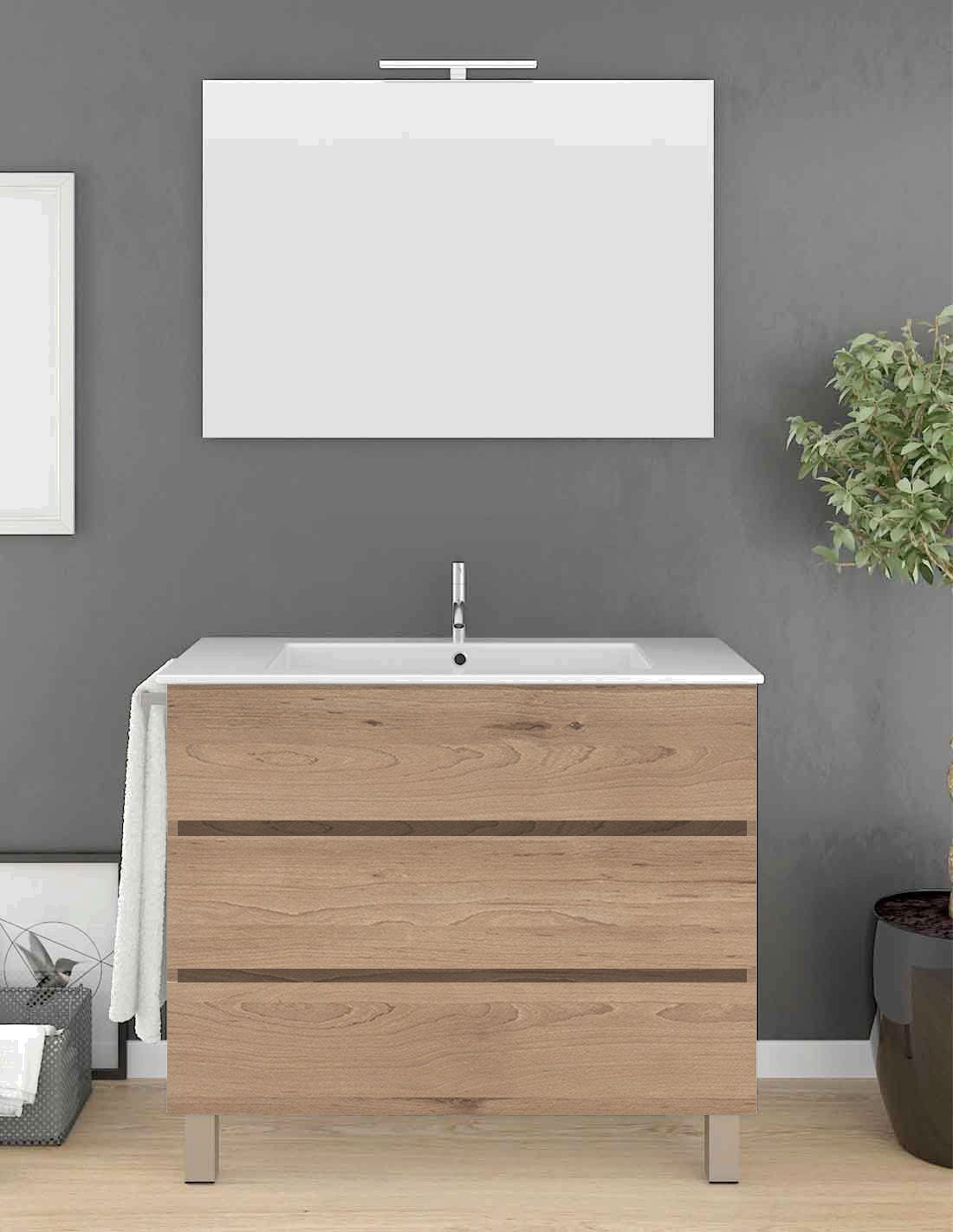 Mueble imperia 3 cajones, lavabo a izquierda y espejo estepa 90 x 45 cm