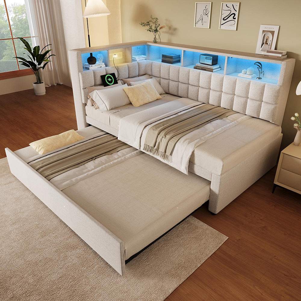 Cama tapizada de 90x200 con cama plegable,beige.