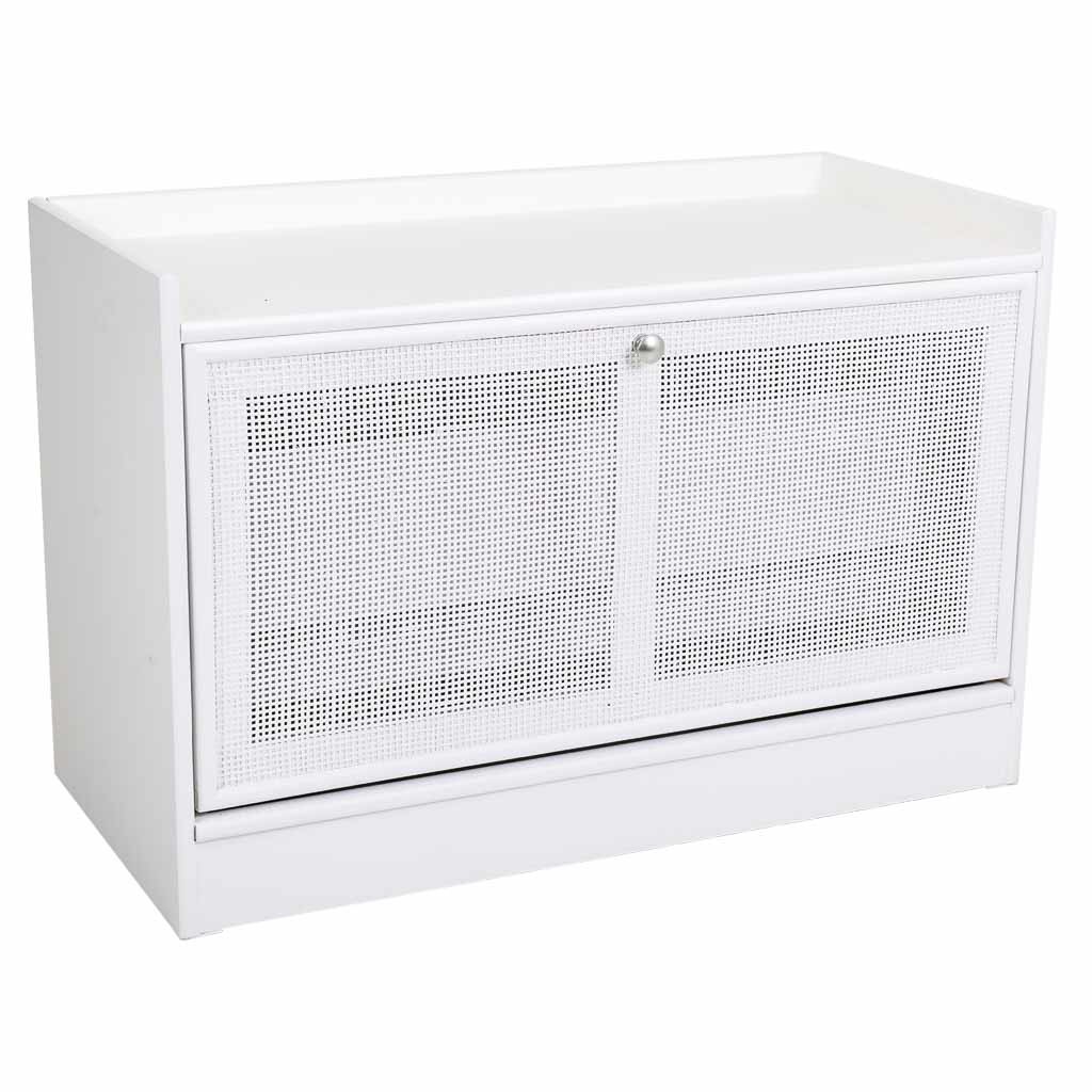 Banqueta zapatero de madera y rejilla blanca 80x38x53