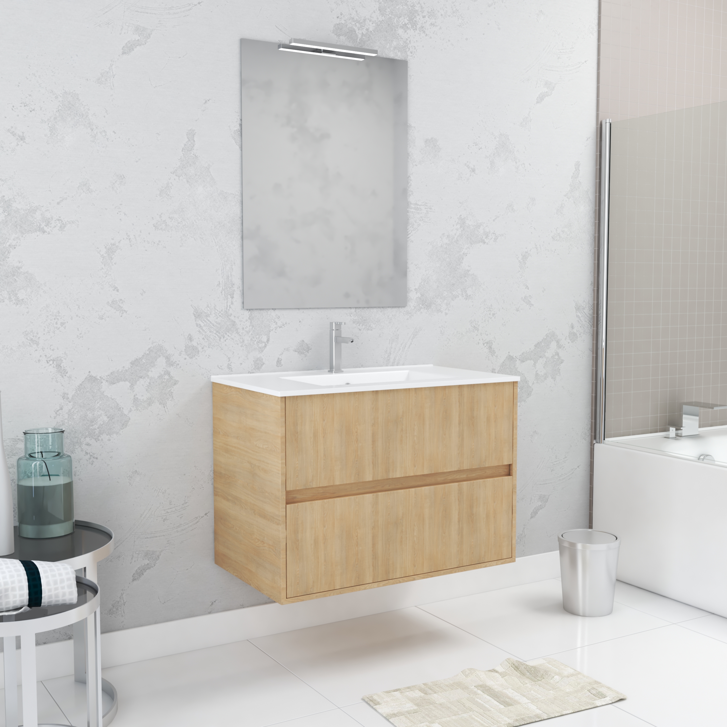 Pack mueble 80 cm roble claro 2 cajones + lavabo + espejo LED