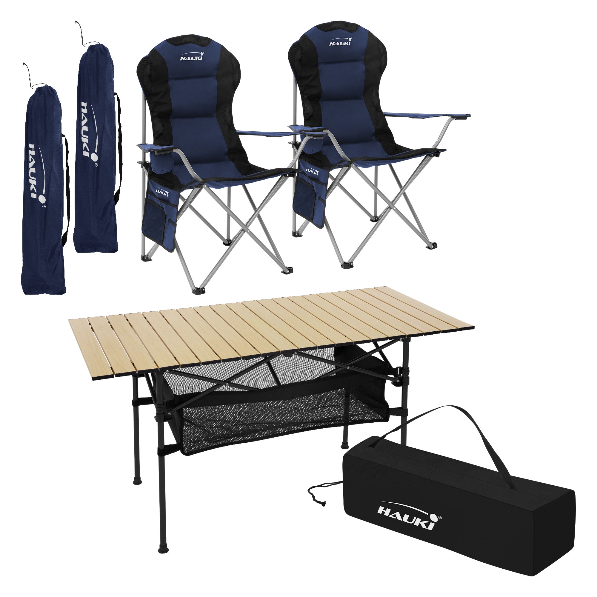 Muebles de camping mesa beige y 2 sillas azul plegables mobiliario acampada