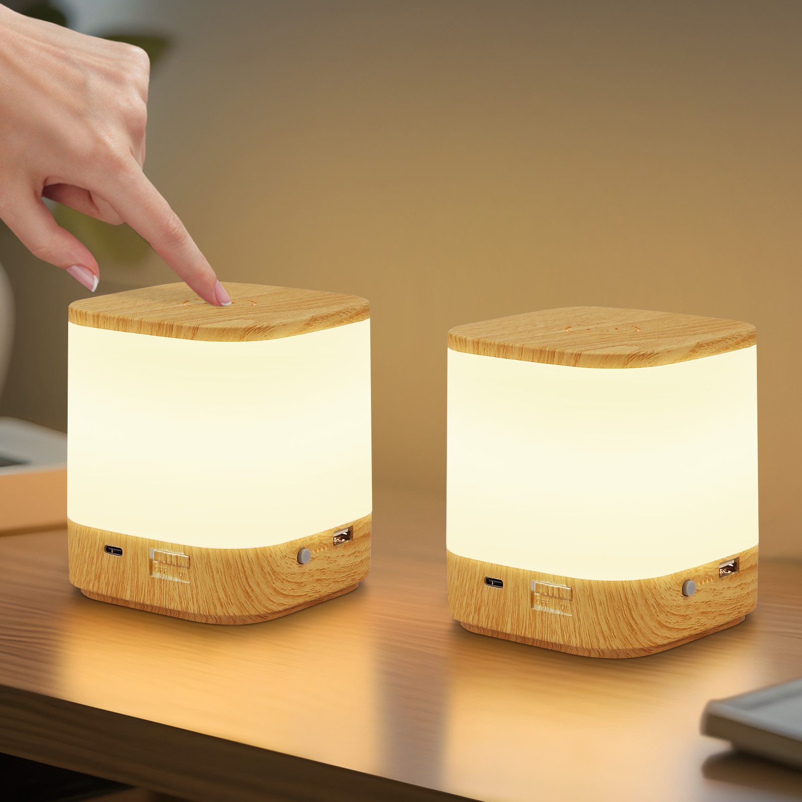 Nettlife lámpara de mesa LED madera 9.8x9.8(2er-set)