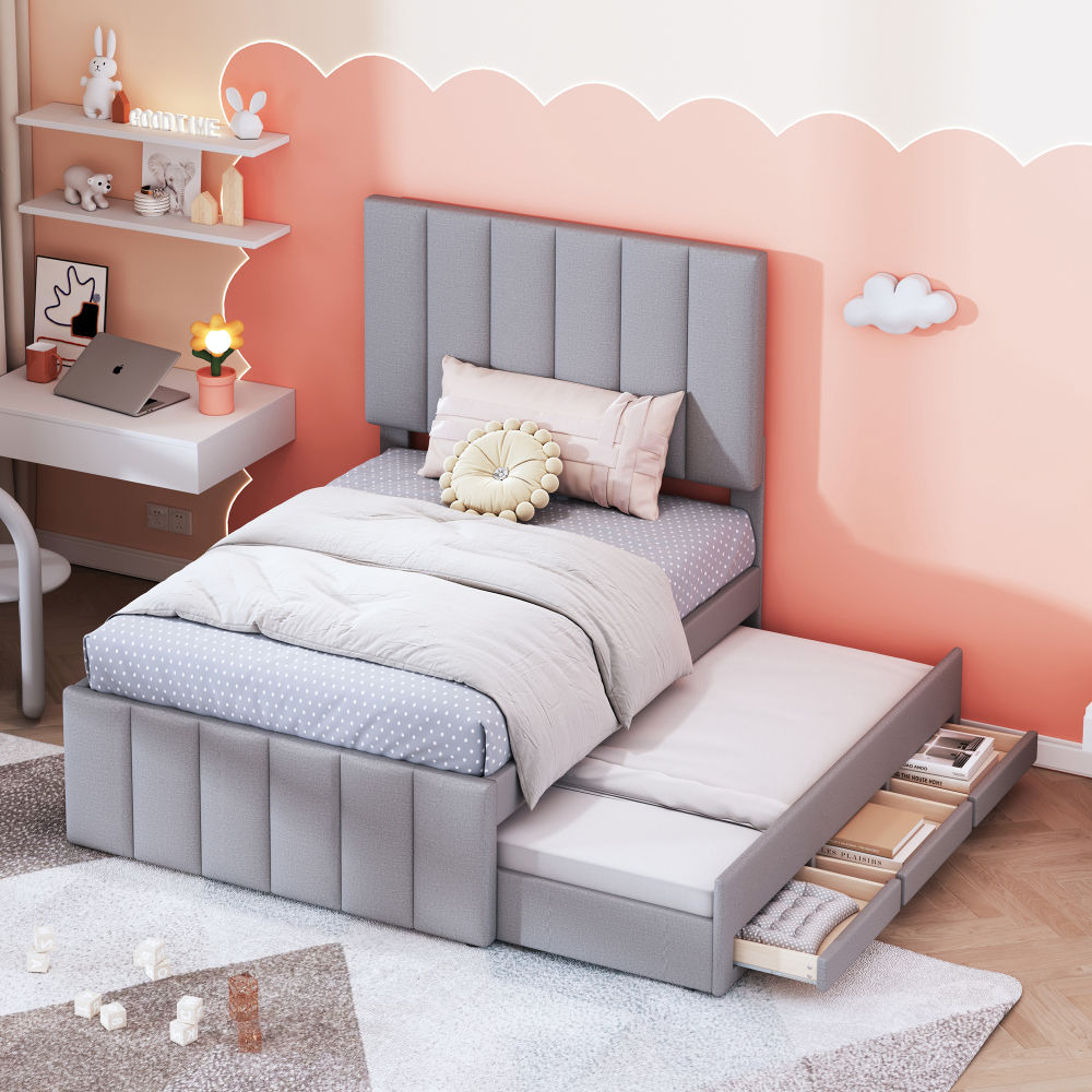 Cama individual tapizada 90x200cm con cama nido y cajones lino – gris
